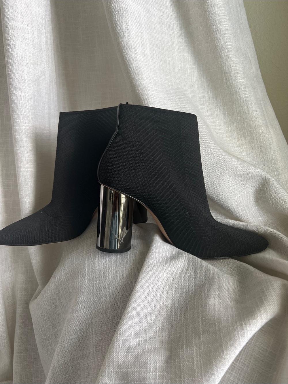 Zara Black Knit Ankle Boot with Reflective Metallic Block Heel